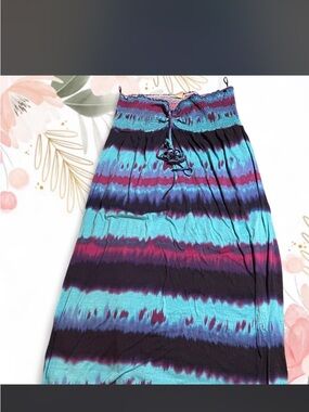 Smocked Waist Tie-Detailed Maxi Skirt in Teal, Purple & Magenta